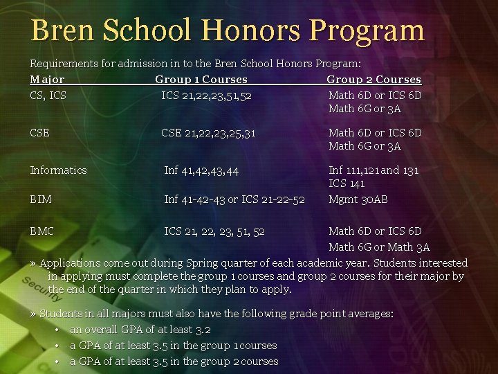 Bren School Honors Program Requirements for admission in to the Bren School Honors Program: