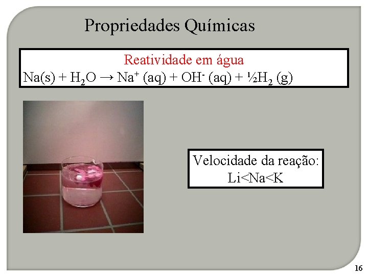 Propriedades Químicas Reatividade em água Na(s) + H 2 O → Na+ (aq) +