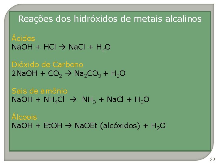 Reações dos hidróxidos de metais alcalinos Ácidos Na. OH + HCl Na. Cl +