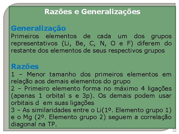 Razões e Generalizações Generalização Primeiros elementos de cada um dos grupos representativos (Li, Be,