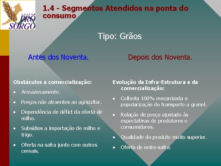 1. 4 - Segmentos Atendidos na ponta do consumo Tipo: Grãos Antes dos Noventa.