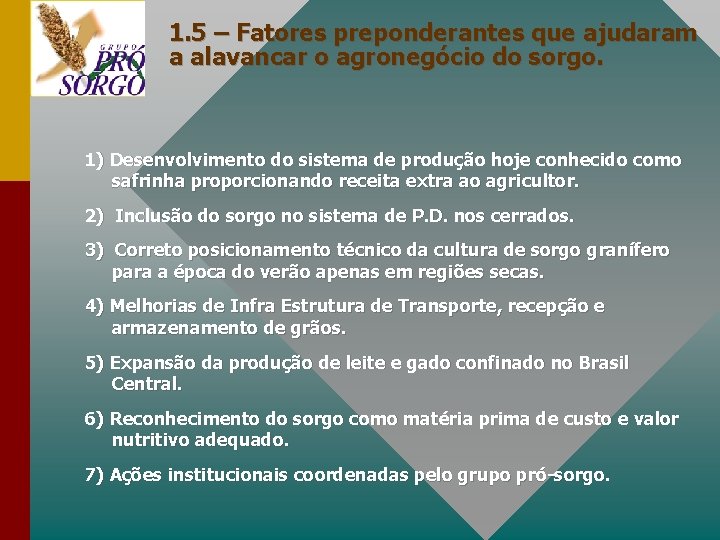 1. 5 – Fatores preponderantes que ajudaram a alavancar o agronegócio do sorgo. 1)