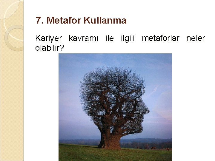 7. Metafor Kullanma Kariyer kavramı ile ilgili metaforlar neler olabilir? 7. Metafor Kullanma Kariyer kavramı ile ilgili metaforlar neler olabilir?