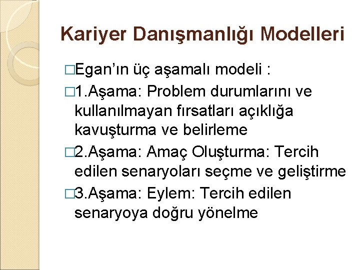 Kariyer Danışmanlığı Modelleri �Egan’ın üç aşamalı modeli : � 1. Aşama: Problem durumlarını ve