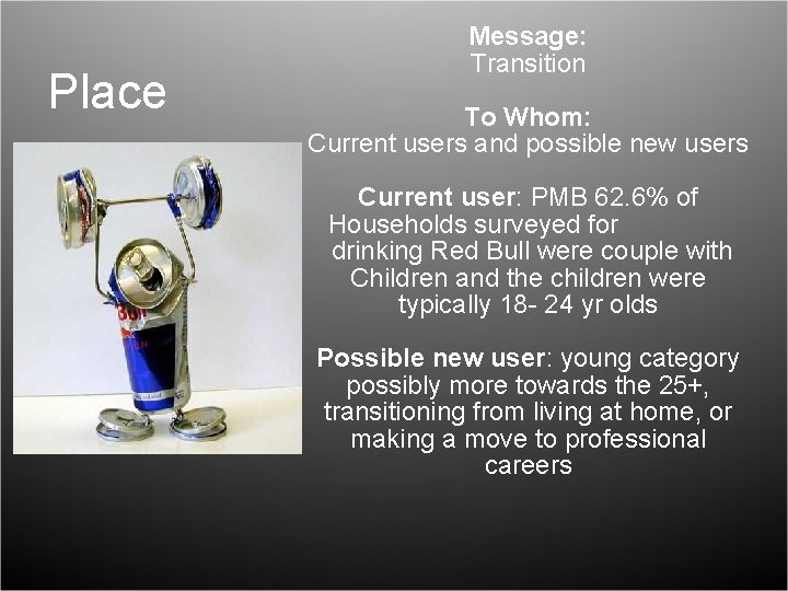 Place Message: Transition To Whom: Current users and possible new users Current user: PMB