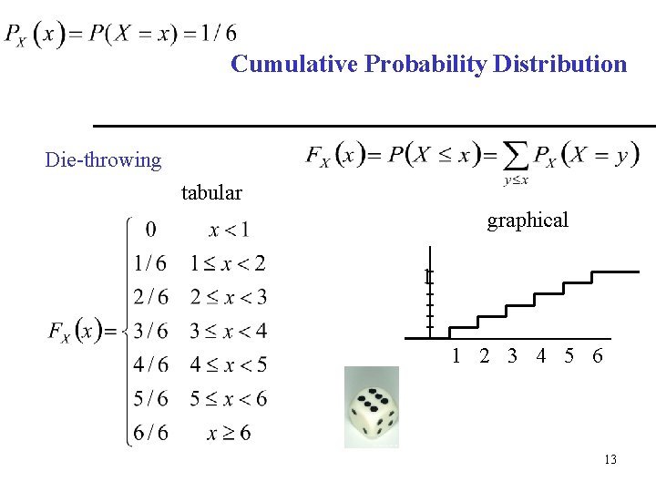 Cumulative Probability Distribution Die-throwing tabular graphical 1 1 2 3 4 5 6 13