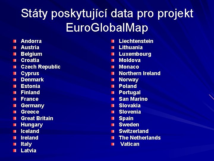 Státy poskytující data projekt Euro. Global. Map Andorra Austria Belgium Croatia Czech Republic Cyprus