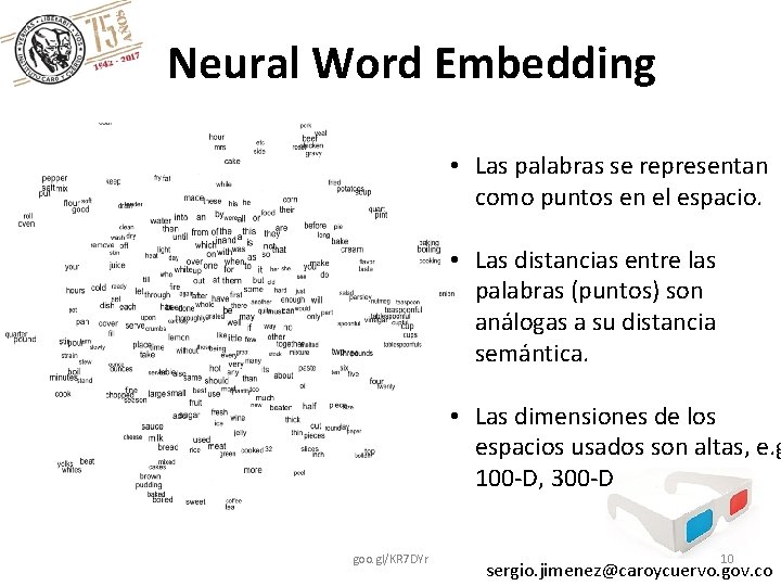 Neural Word Embedding • Las palabras se representan como puntos en el espacio. •