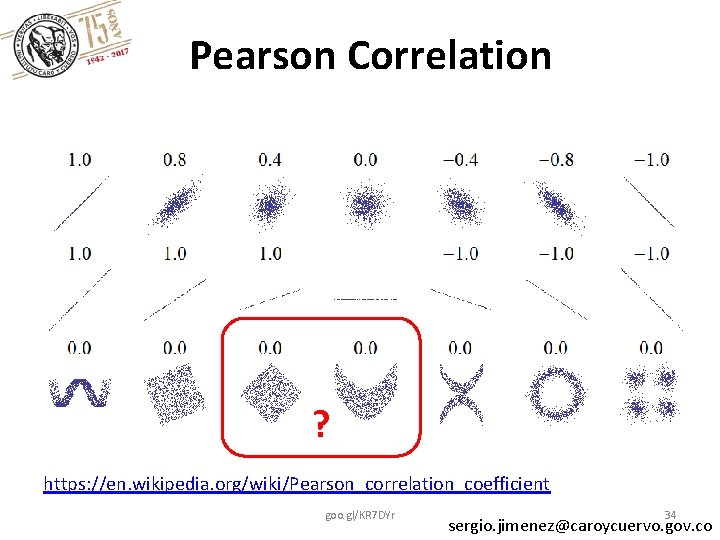 Pearson Correlation ? https: //en. wikipedia. org/wiki/Pearson_correlation_coefficient goo. gl/KR 7 DYr 34 sergio. jimenez@caroycuervo.