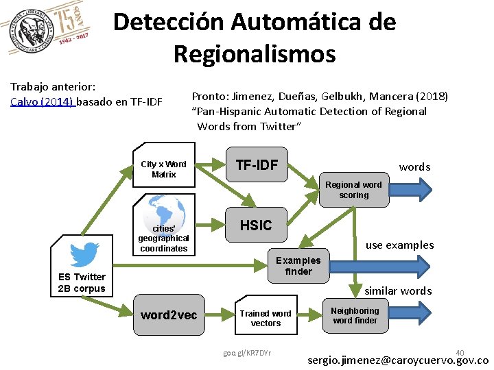 Detección Automática de Regionalismos Trabajo anterior: Calvo (2014) basado en TF-IDF Pronto: Jimenez, Dueñas,