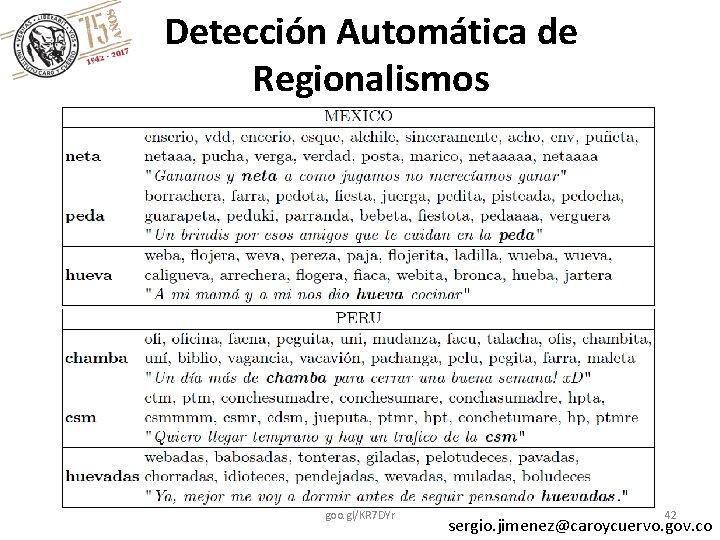 Detección Automática de Regionalismos goo. gl/KR 7 DYr 42 sergio. jimenez@caroycuervo. gov. co 