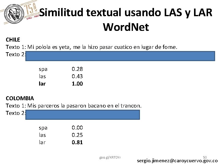 Similitud textual usando LAS y LAR Word. Net CHILE Texto 1: Mi polola es