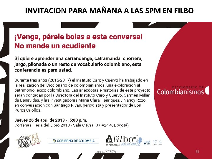 INVITACION PARA MAÑANA A LAS 5 PM EN FILBO goo. gl/KR 7 DYr 55