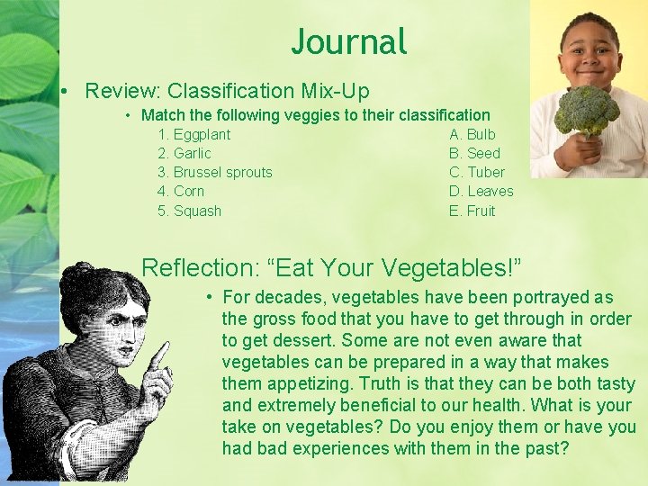 Journal • Review: Classification Mix-Up • Match the following veggies to their classification 1.