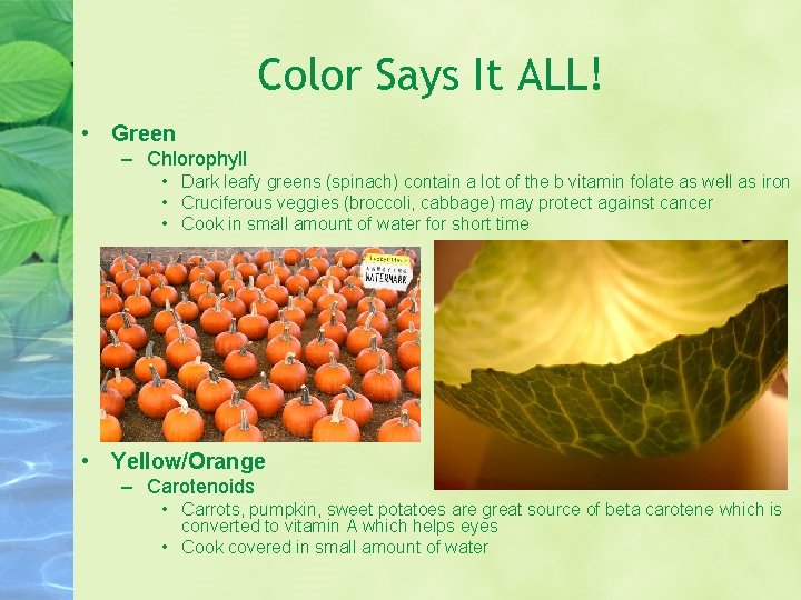 Color Says It ALL! • Green – Chlorophyll • Dark leafy greens (spinach) contain