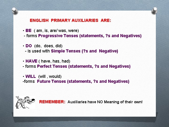 ENGLISH PRIMARY AUXILIARIES ARE: • BE ( am, is, are/ was, were) - forms