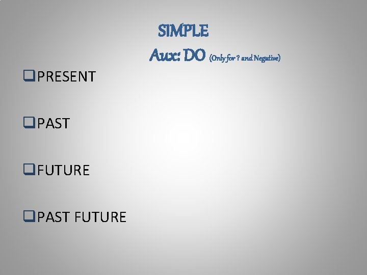 q. PRESENT q. PAST q. FUTURE q. PAST FUTURE SIMPLE Aux: DO (Only for