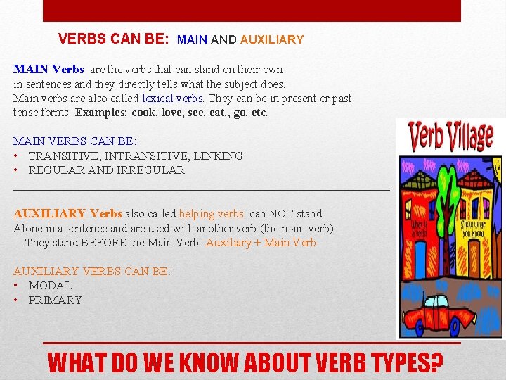 VERBS CAN BE: MAIN AND AUXILIARY MAIN Verbs are the verbs that can stand