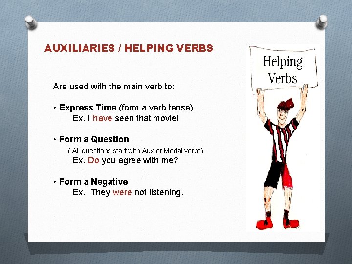 AUXILIARIES / HELPING VERBS Are used with the main verb to: • Express Time