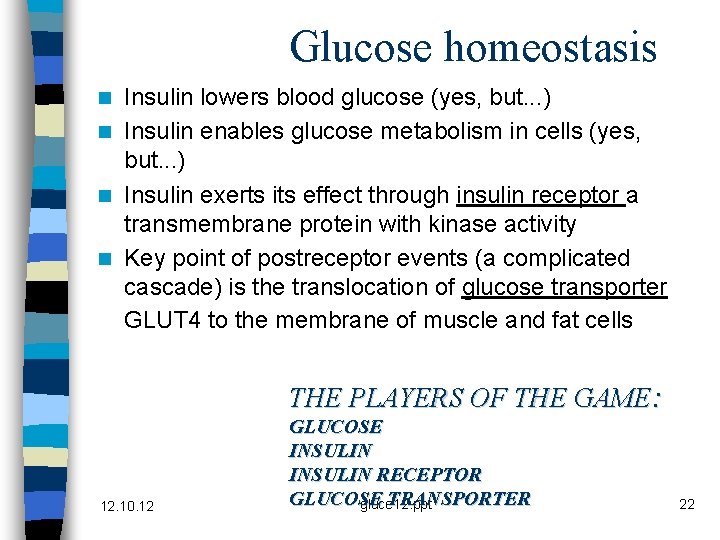 Glucose homeostasis Insulin lowers blood glucose (yes, but. . . ) n Insulin enables
