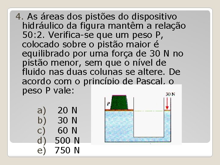 4. As áreas dos pistões do dispositivo hidráulico da figura mantêm a relação 50:
