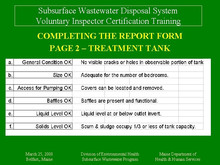 Subsurface Wastewater Disposal System Voluntary Inspector Certification Training COMPLETING THE REPORT FORM PAGE 2
