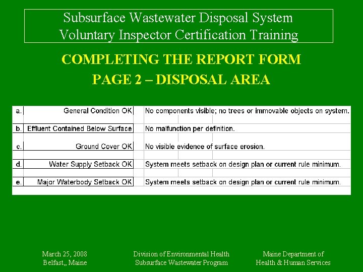 Subsurface Wastewater Disposal System Voluntary Inspector Certification Training COMPLETING THE REPORT FORM PAGE 2