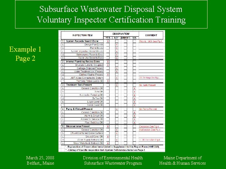 Subsurface Wastewater Disposal System Voluntary Inspector Certification Training Example 1 Page 2 March 25,