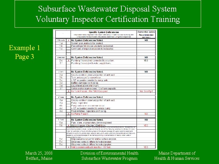 Subsurface Wastewater Disposal System Voluntary Inspector Certification Training Example 1 Page 3 March 25,