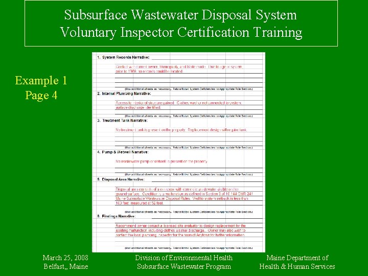 Subsurface Wastewater Disposal System Voluntary Inspector Certification Training Example 1 Page 4 March 25,