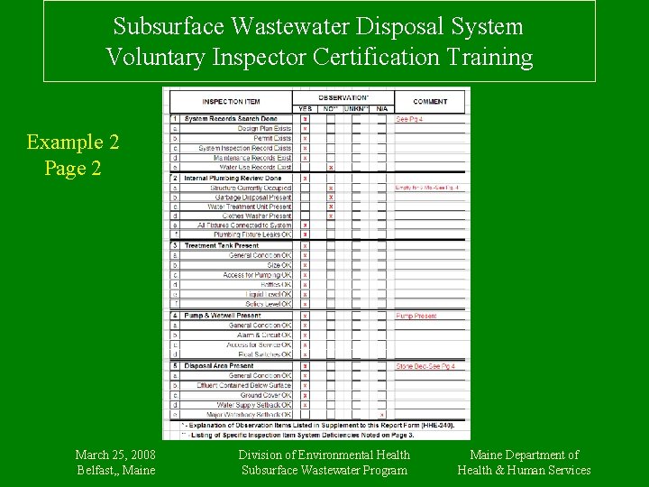 Subsurface Wastewater Disposal System Voluntary Inspector Certification Training Example 2 Page 2 March 25,