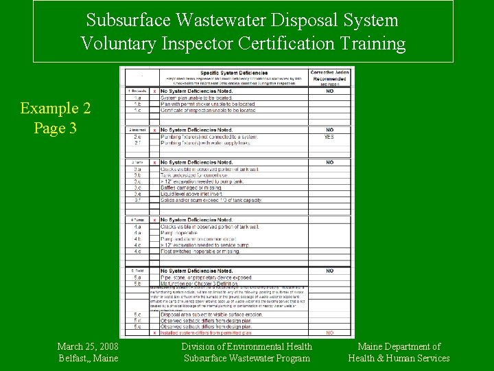 Subsurface Wastewater Disposal System Voluntary Inspector Certification Training Example 2 Page 3 March 25,