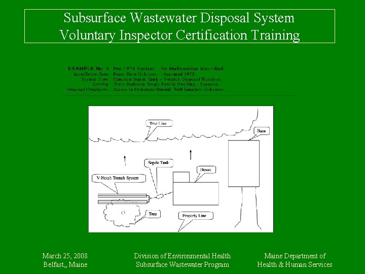 Subsurface Wastewater Disposal System Voluntary Inspector Certification Training March 25, 2008 Belfast, , Maine