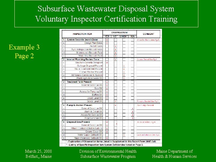 Subsurface Wastewater Disposal System Voluntary Inspector Certification Training Example 3 Page 2 March 25,