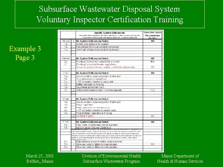 Subsurface Wastewater Disposal System Voluntary Inspector Certification Training Example 3 Page 3 March 25,
