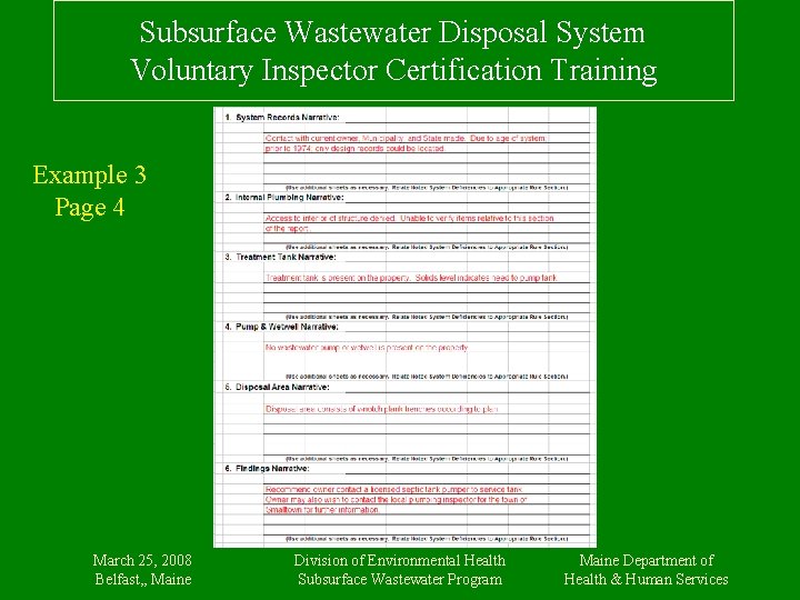 Subsurface Wastewater Disposal System Voluntary Inspector Certification Training Example 3 Page 4 March 25,