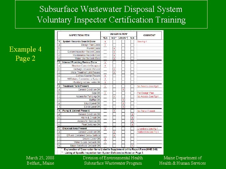 Subsurface Wastewater Disposal System Voluntary Inspector Certification Training Example 4 Page 2 March 25,