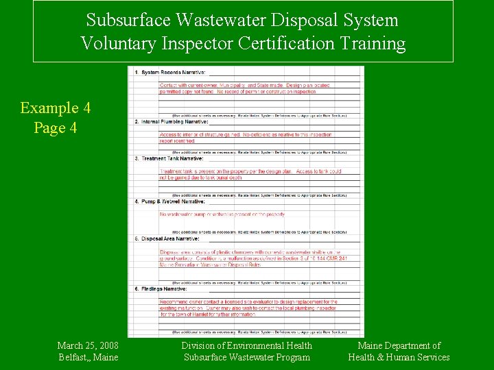 Subsurface Wastewater Disposal System Voluntary Inspector Certification Training Example 4 Page 4 March 25,