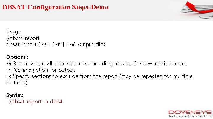 DBSAT Configuration Steps-Demo Usage. /dbsat report [ -a ] [ -n ] [