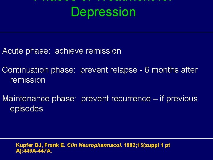 Phases of Treatment for Depression Acute phase: achieve remission Continuation phase: prevent relapse -