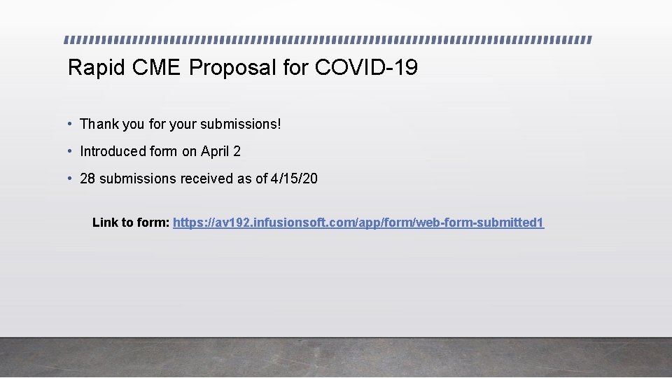 Rapid CME Proposal for COVID-19 • Thank you for your submissions! • Introduced form