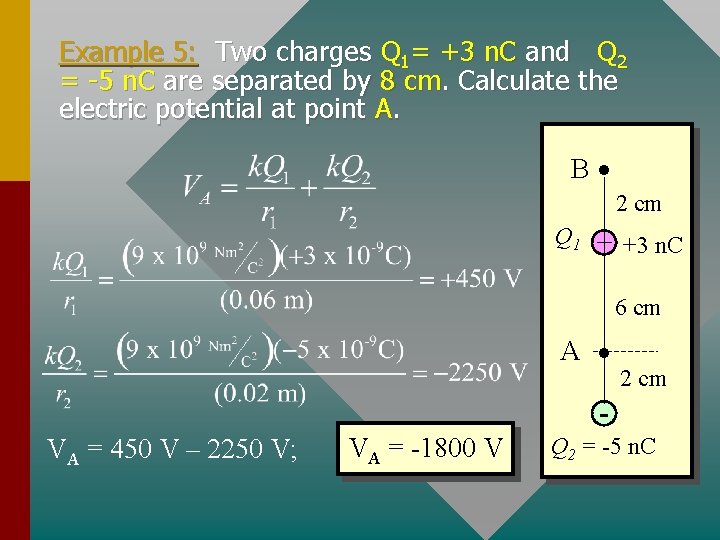 Example 5: Two charges Q 1= +3 n. C and Q 2 = -5 Example 5: Two charges Q 1= +3 n. C and Q 2 = -5