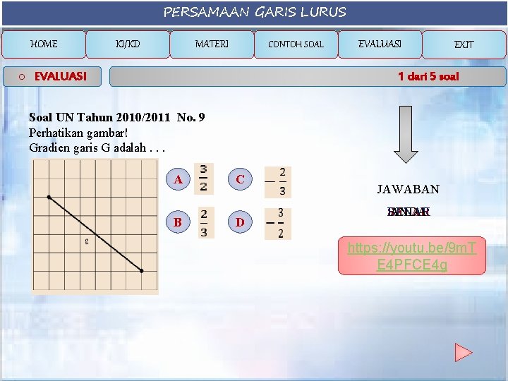 PERSAMAAN GARIS LURUS HOME KI/KD MATERI CONTOH SOAL o EVALUASI EXIT 1 dari 5