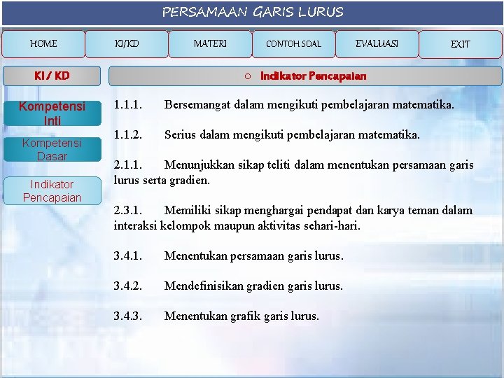 PERSAMAAN GARIS LURUS HOME KI/KD Kompetensi Dasar Indikator Pencapaian CONTOH SOAL EVALUASI EXIT o