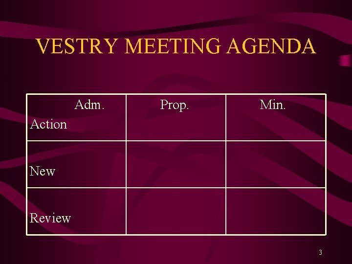 VESTRY MEETING AGENDA Adm. Prop. Min. Action New Review 3 