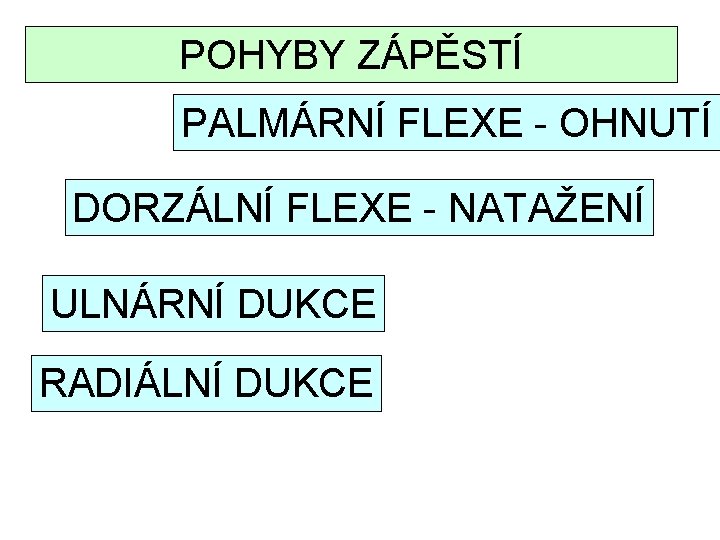 POHYBY ZÁPĚSTÍ PALMÁRNÍ FLEXE - OHNUTÍ DORZÁLNÍ FLEXE - NATAŽENÍ ULNÁRNÍ DUKCE RADIÁLNÍ DUKCE