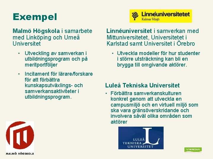 Exempel Malmö Högskola i samarbete med Linköping och Umeå Universitet • Utveckling av samverkan