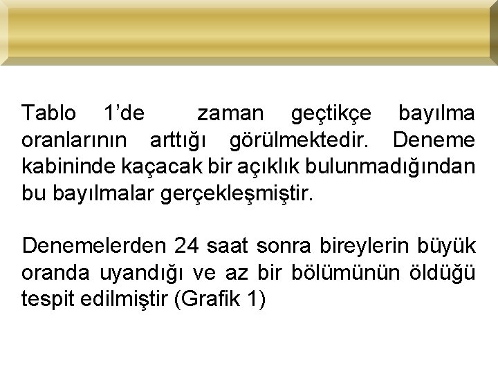 Tablo 1’de zaman geçtikçe bayılma oranlarının arttığı görülmektedir. Deneme kabininde kaçacak bir açıklık bulunmadığından