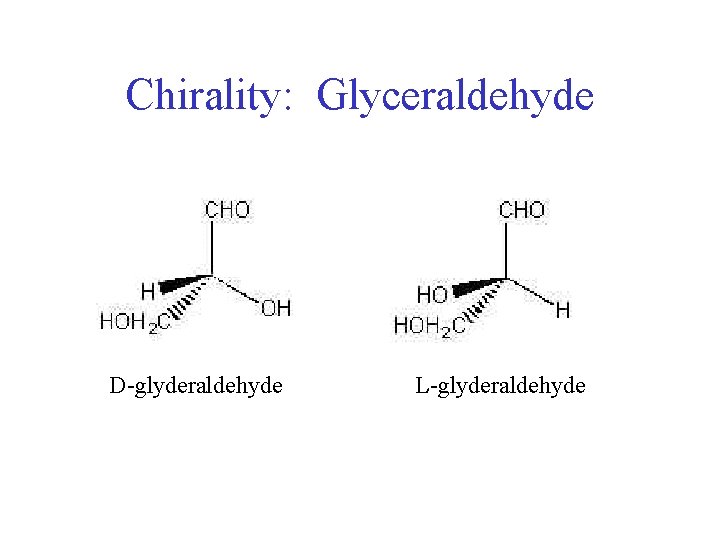 Chirality: Glyceraldehyde D-glyderaldehyde L-glyderaldehyde 