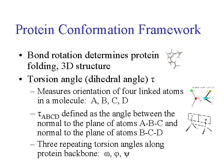 Protein Conformation Framework • Bond rotation determines protein folding, 3 D structure • Torsion